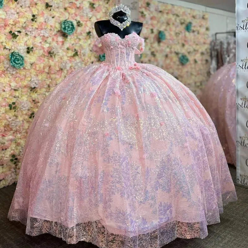 Розовые блестящие платья Quinceanera Ball Hone