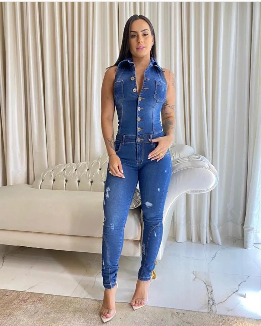 Women's Jumpsuits Rompers Jeans Stretch Overalls Buttons Female Turn Down Skinny Blue Denim Casual Jumpsuit Rompers 230422