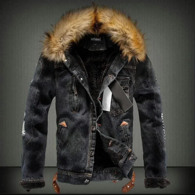 Jaqueta jeans masculina de couro falso, jaqueta jeans com gola de pele retrô rasgada de lã e casaco para outono inverno S-XXXXL 231122