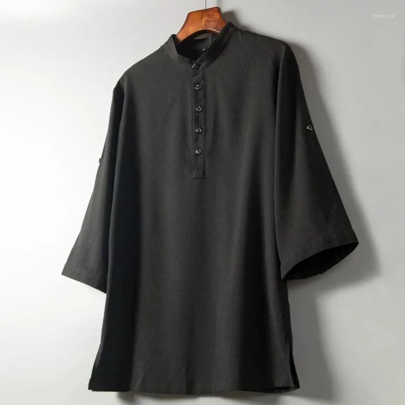 Camisas casuais masculinas camisa top solto sólido colarinho 2023 verão linho retro chinês trimestre manga
