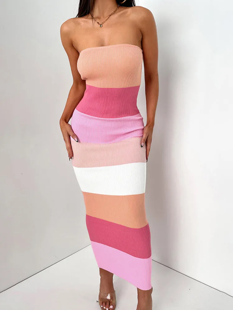 Mozision Women's Strapless Knit Midi Dress - Contrast Colors, Off-Shoulder, Backless, Bodycon, Sexy Long Sleeveless Robe Patchwork (230421)