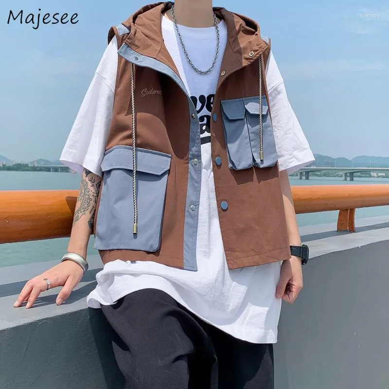 Hommes Gilets Hommes Marron Boutons Cargo Vêtements À Capuche Conception Multi Poches Européen Cool Adolescents Hip Hop High Street All-match Patchwork