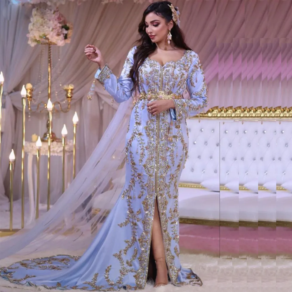 Luxury Caftan Mermaid Evening Dresses V Neck Long Sleeve Sequined Formal Gown Front Slit Arabic Dubai Robe De Siree