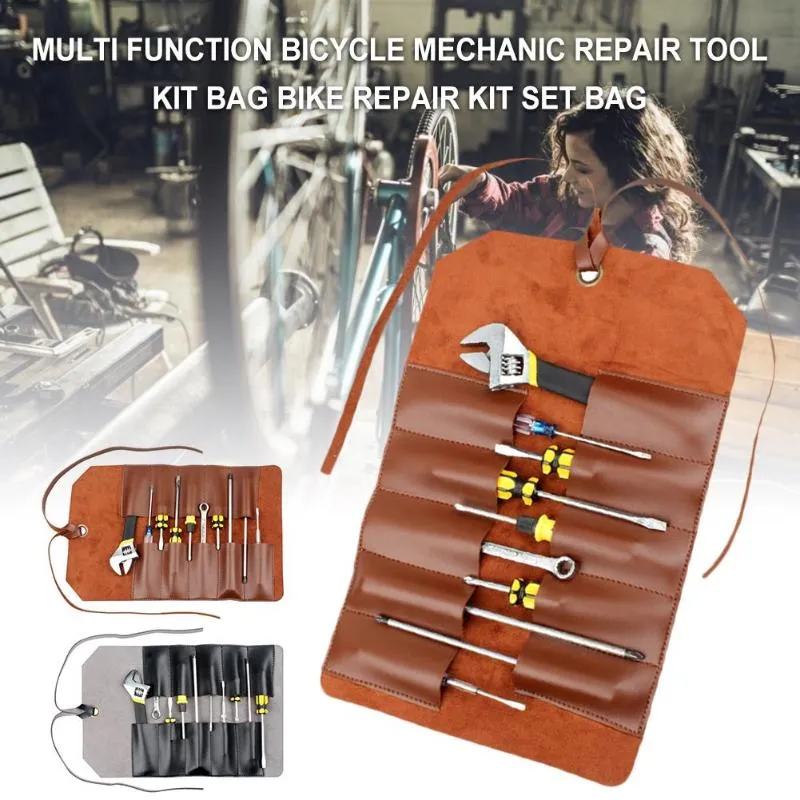 Storage Bags Leather Multi Function Bicycle Mechanic Repair Tool Kit Bag Screws Nuts Drill Hardware Car HandbagStorage