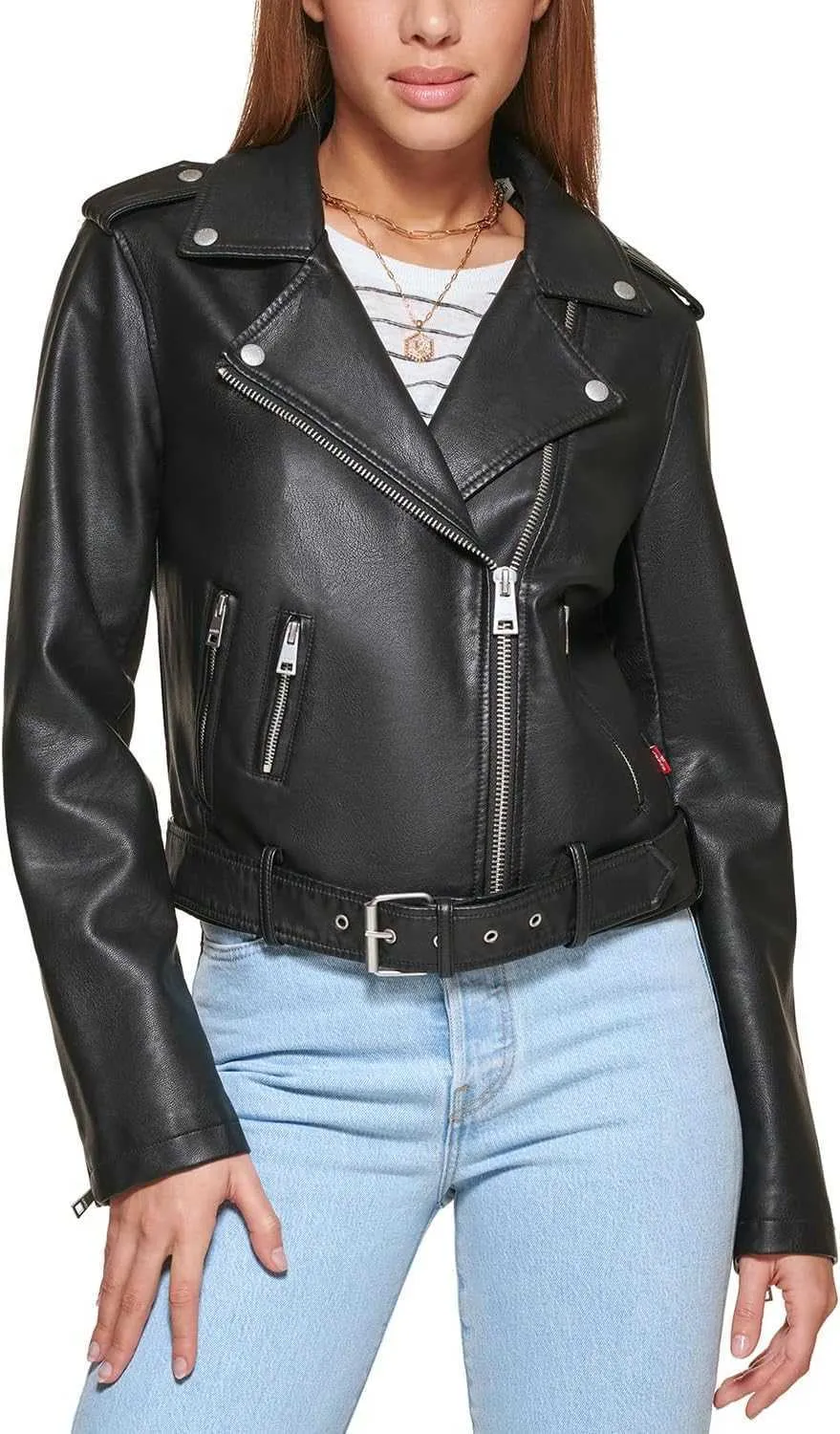 Faux-Leather Belted Biker Jacket