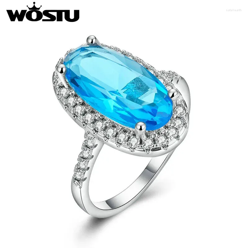 Med sidogenar Wostu Luxury Blue Stone Heart of Lake Big Rings for Women Zircon Wedding Engagement Ring Fashion Party Jewelry Gift ZBFR203