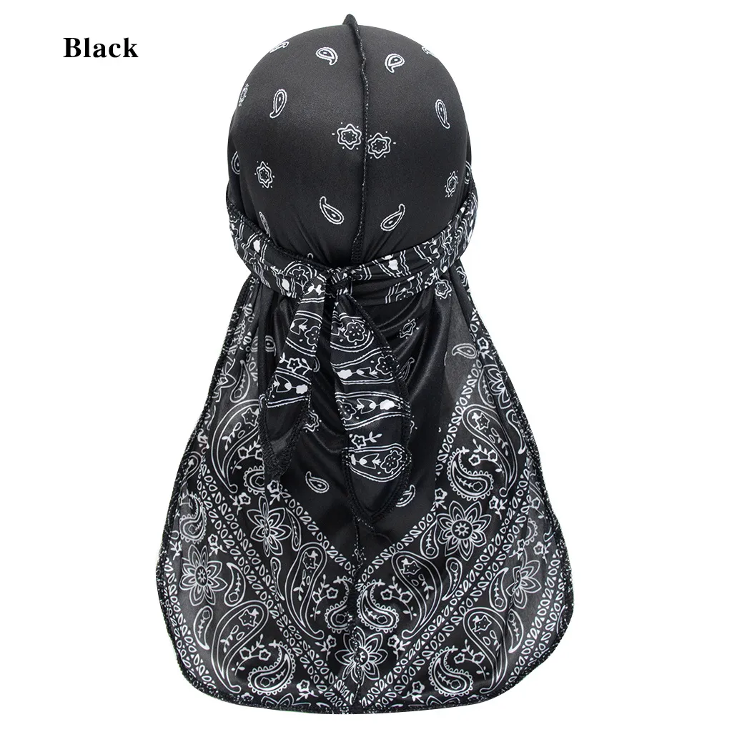 Trendy Print Long-Tailed Pirate Hat Imitation Silk Headwear Hip-Hop African Turban Caps Hijab Bonnet Durag Hair Accessories