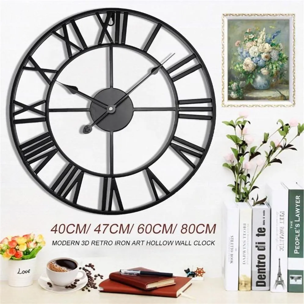 Horloges murales 40 47 60 80 cm moderne 3D grand rétro fer noir rond art creux horloge en métal nordique chiffres romains décoration de la maison 1235m