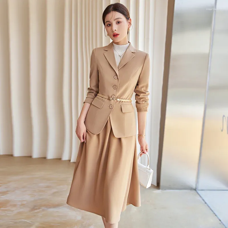 Two Piece Dress Pink Apricot Suits Women Fall Winter Business Formal Blazer And A Lined Long Skirt Office Ladies Work Wear Navy Blue 2 Set