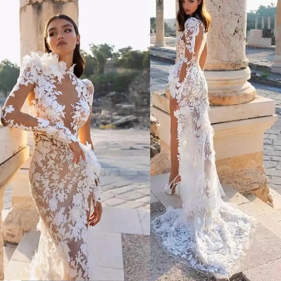 Arabia Mermaid Wedding Dress 2024 Berta High Collar Side Slit Illusion Lace Applicants Långärmad svep Train Boho Bridal Gown