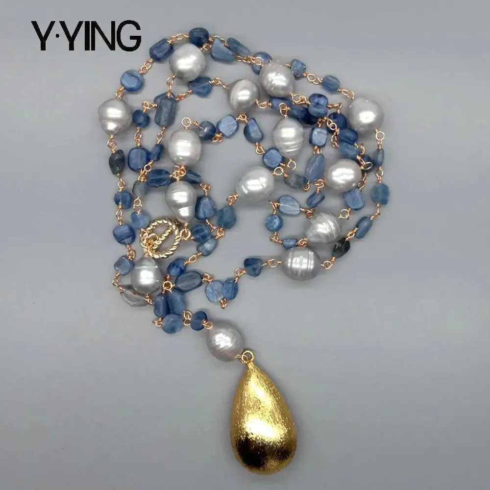 Colliers Yying Blue Kyanites Gris Riz Perle d'eau douce Déclaration Collier Teardrop Brossé Plaqué Or Pendentif 21 231121