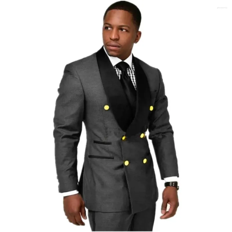 Costumes pour hommes Gris Double Boutonnage Hommes 2 pcs Noir Châle Revers Slim Fit Blazer Ensembles Custom Business Prom Mariage Tuxedos Costume Homme