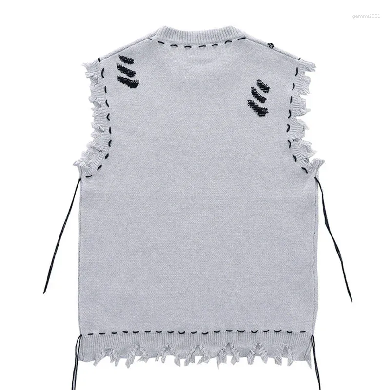 Gilets pour hommes Gilet en tricot vieilli pour hommes Gilet streetwear vintage Haruku troué à franges sans manches surdimensionné décontracté_voghion.com