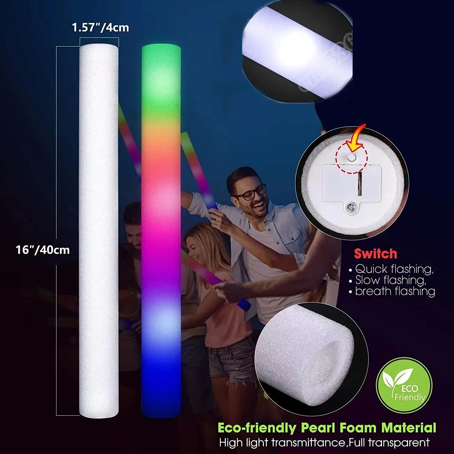 50 Pcs/Pack 16 LED Foam Glow Sticks, 3 Modes Flashing Multicolor Light up  Baton