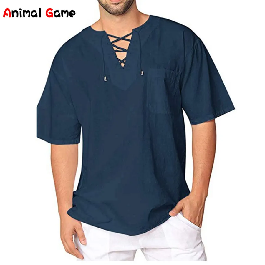 Mens TShirts summer Linen short Sleeve Tshirts With Short Sleeves Vneck Lace Oversize Woman Women Man Male Tops Tees Clothing 230422