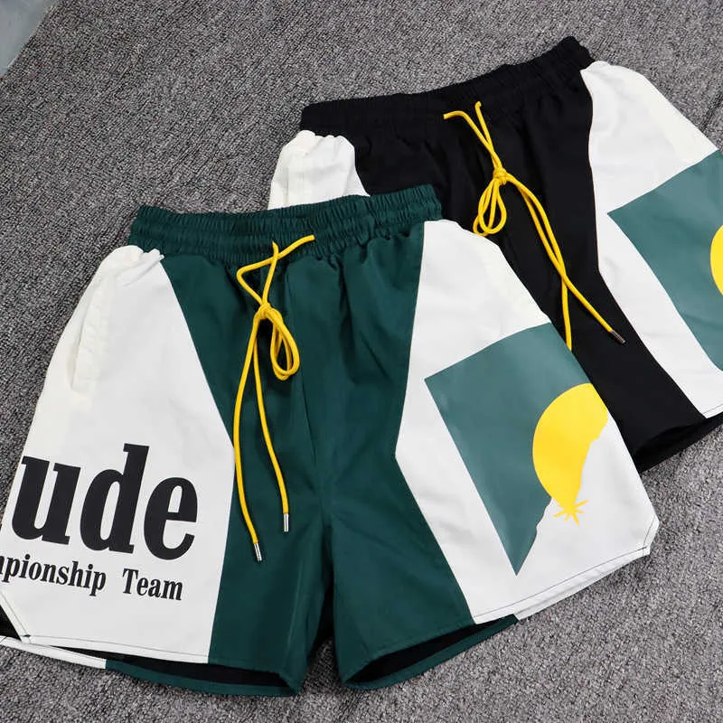 デザイナー服アメリカンハイストリート Rhude サンセットアルファベットプリントカラースポーツショーツメンズハンサムルーズビーチカプリパンツカップルジョガースポーツウェア