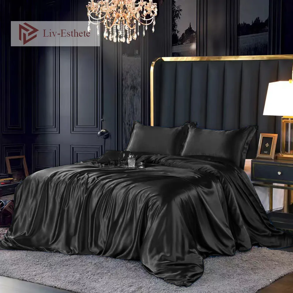 Bedding sets Liv-Esthete Luxury Black Satin Washed Lmitation Silk Set Quilt Duvet Cover Queen King Pillowcase Double Bed Linen 230422