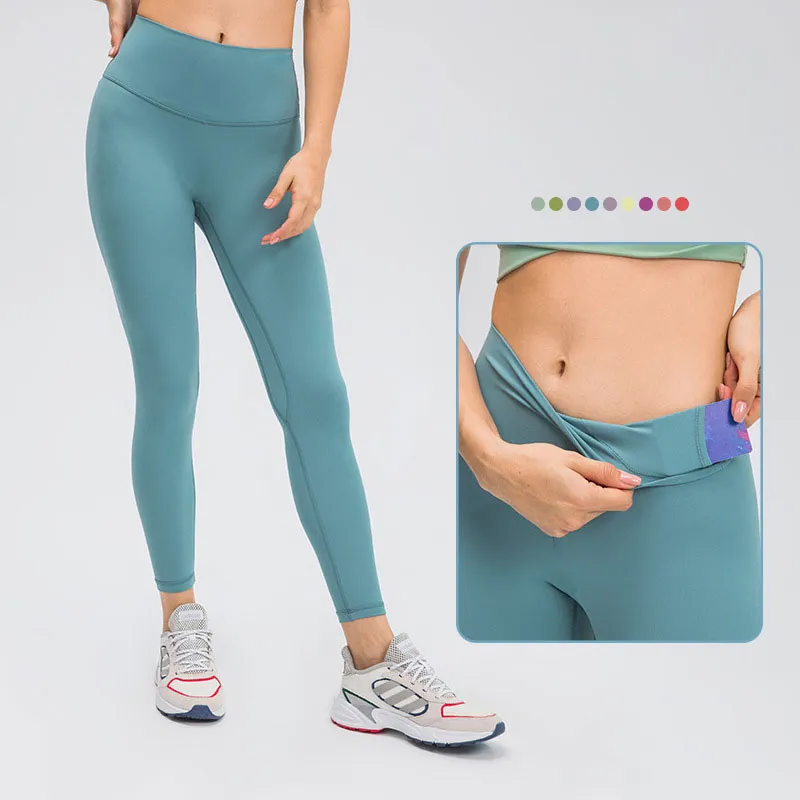L037B Solid Color Yoga Pants Have T-line High-Rise Tights With Waistband Pocket Leggings Naked Feeling Sweatpants Women Trousers