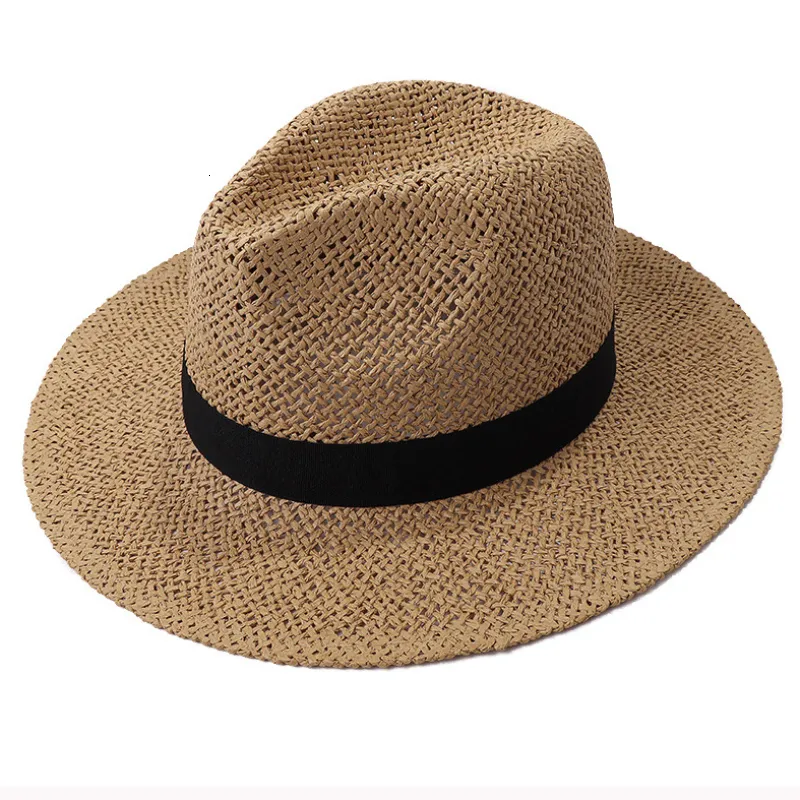 Szerokie brzegowe czapki wiadra ht3119 fedoras czarny zespół słomy mężczyźni Summer Mężczyzna Kobieta Panama Beach Cap Unisex Flat 230421