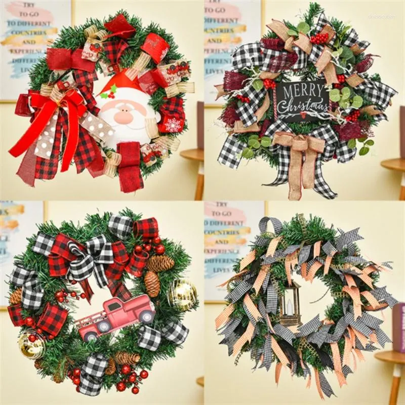 Decorative Flowers Christmas Door Wreath Garland Decoration Artificial Home Window Wall Background Hanging Ornaments Cones Santa Elk Bell