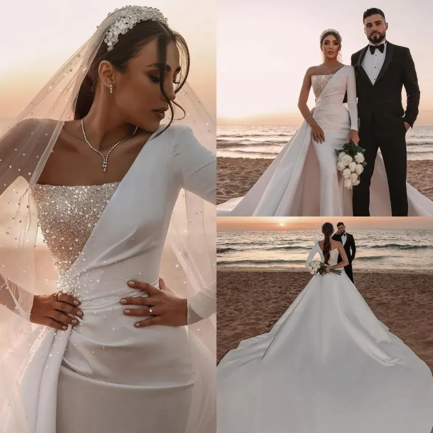 Sommar elfenben saudiska sjöjungfru arabiska dubai moderna rygglösa mantel de soriee bröllopsklänningar sexiga en axel paljetter lång tåg bröllop klänningar