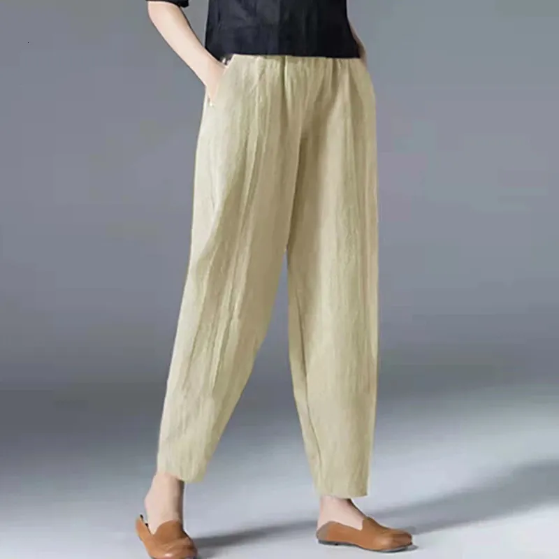 Spodnie damskie capris lucyver bawełniany lniany kostki spodnie kobiety wiosna letnie spodni haremowy czarne białe elastyczne talia luźne spodnie 230422