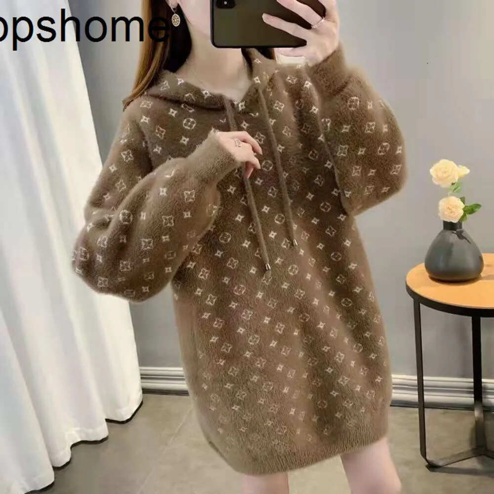 Mode PPSHOME-Automne et hiver nouveau pull tricoté à capuche en polaire de vison robe pour femme jacquard ample et paresseux sous-couche mi-longue pour vêtements d'extérieur