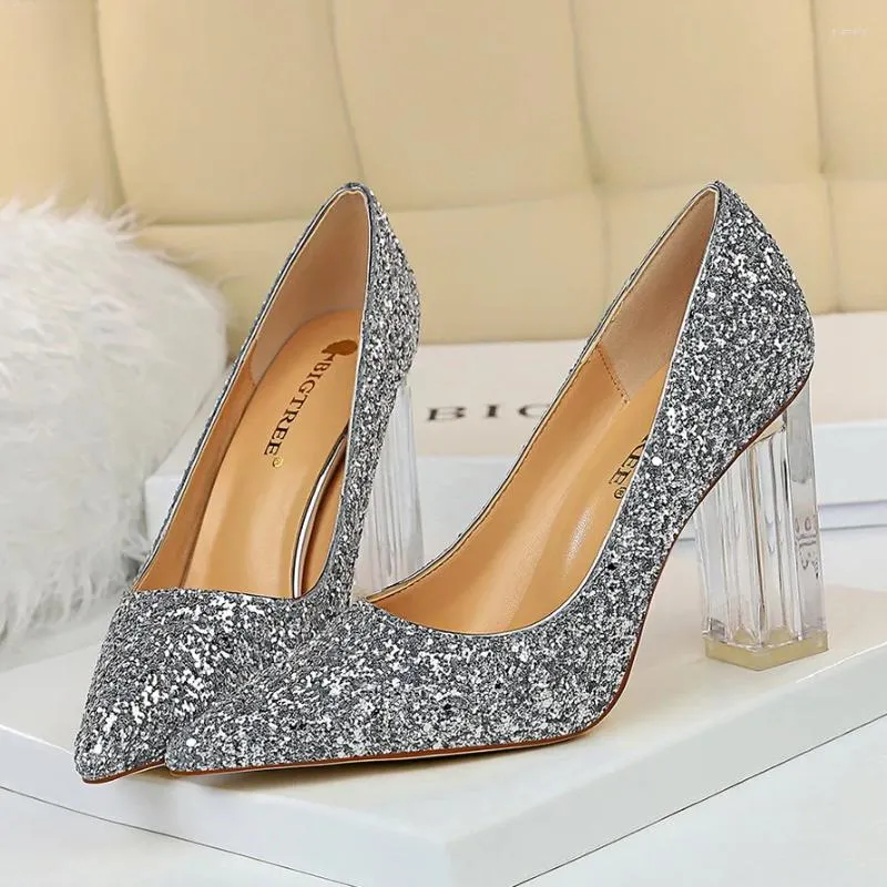 Sapatos de vestido 2023 mulheres de luxo 9.5cm saltos altos ouro claro bloco bombas glitter casamento nupcial lantejoulas festa brilhante grande tamanho