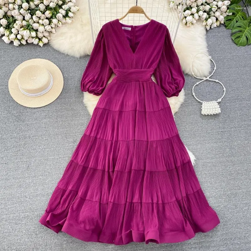 Casual Dresses Summer Long Chiffon Dress for Women Plicated 3/4 Sleeve Patchwork Maxi Female Vestidos Pleated Big Swing Boho Tarf Party