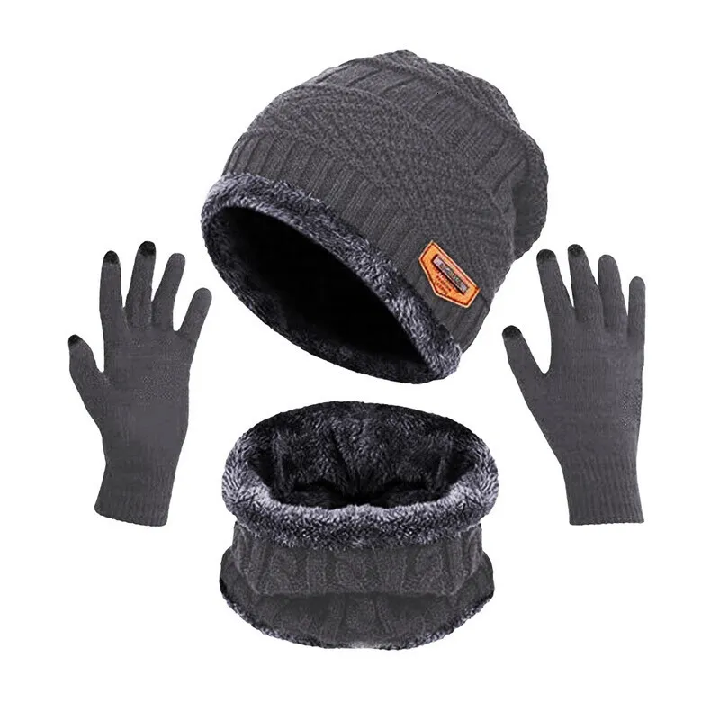 BeanieSkull Caps Unisexe Bonnets Chapeau Anneau Écharpe Gants Ensemble Hiver Tricoté Épais Chaud Femmes Hommes Solide Rétro Bonnet Écran Tactile Doux 230421