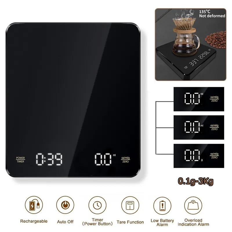 Meetgereedschap Koffie elektronische schalen Giet over Espresso 3kg 01G LED Auto Timer SMART Keukenschaal Ingebouwde batterij USB Opladen 230422