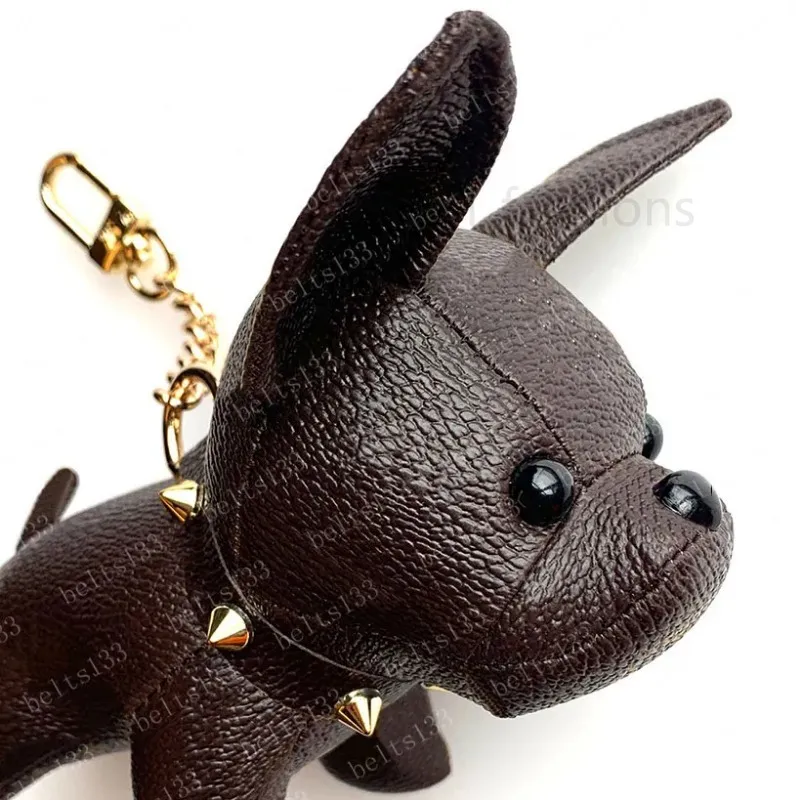 hot sale Keychain Bulldog Key Chain brown flower leather men women handbags Bags Luggage Accessories Lovers Car Pendant