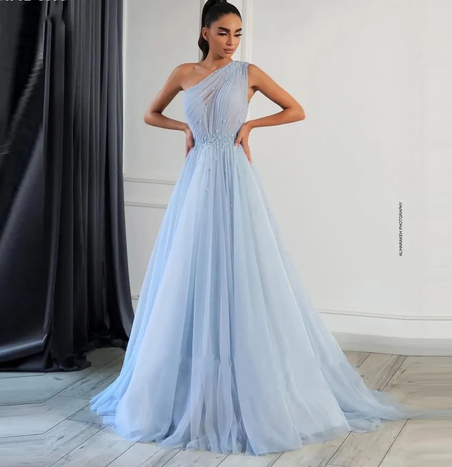 Robe De soirée élégante en Tulle bleu clair, asymétrique épaule dénudée, fleurs 3D, longueur au sol, ligne a, robes De bal formelles pour femmes