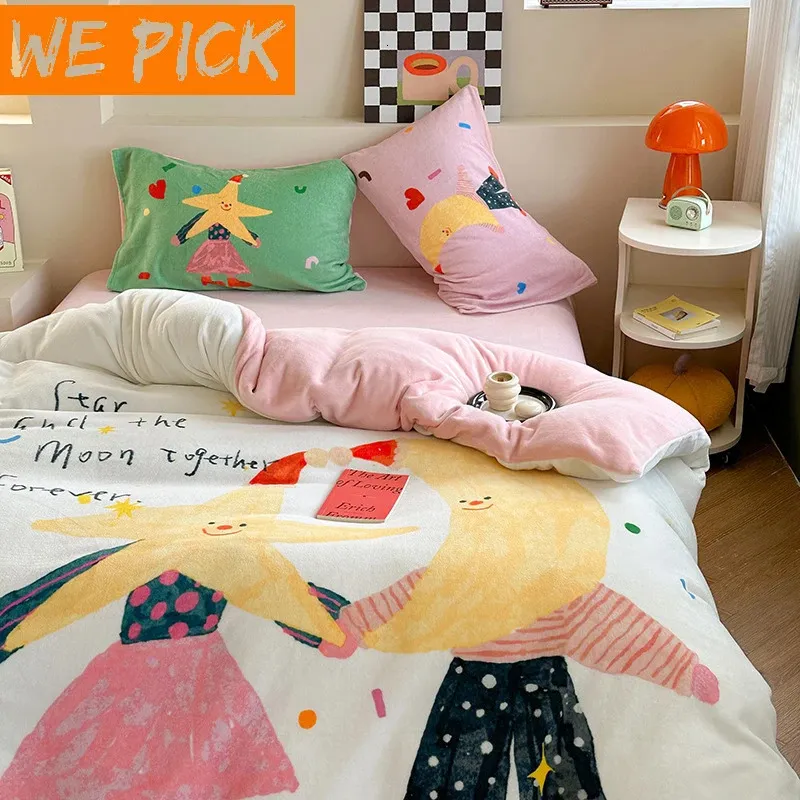 Bedding sets 3/4 PCS Children's Milk Flour Quilt Cover Ins Cute Cartoon Anime Panda Thick Double Sided Coral Flour 1.2/1.5/1.8m Bed Sheet 231122