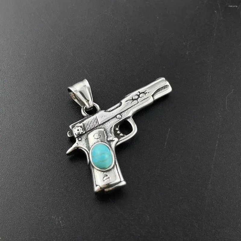 Pendant Necklaces Stainless Steel Gun Hip Hop Rhinestone Turquoise Guns Titanium Chain Military Charm Necklace Men Jewelry Accesories