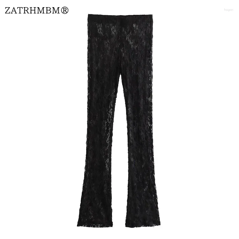 Pantalon Femme Zatrhmbm Femmes 2023 Mode High Street Transparent Dentelle Droite Vintage Noir Taille Femme Pantalon Mujer