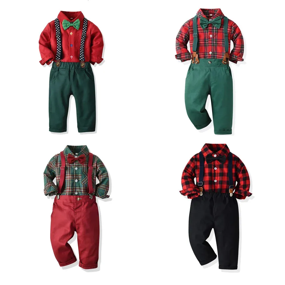 Roupas Conjunto de roupas de Autumn e Inverno Conjunto de Roupas para Crianças de Menas Longo de Mangas Longo Plaids Suspenders Véspera de Natal Roupas 231122