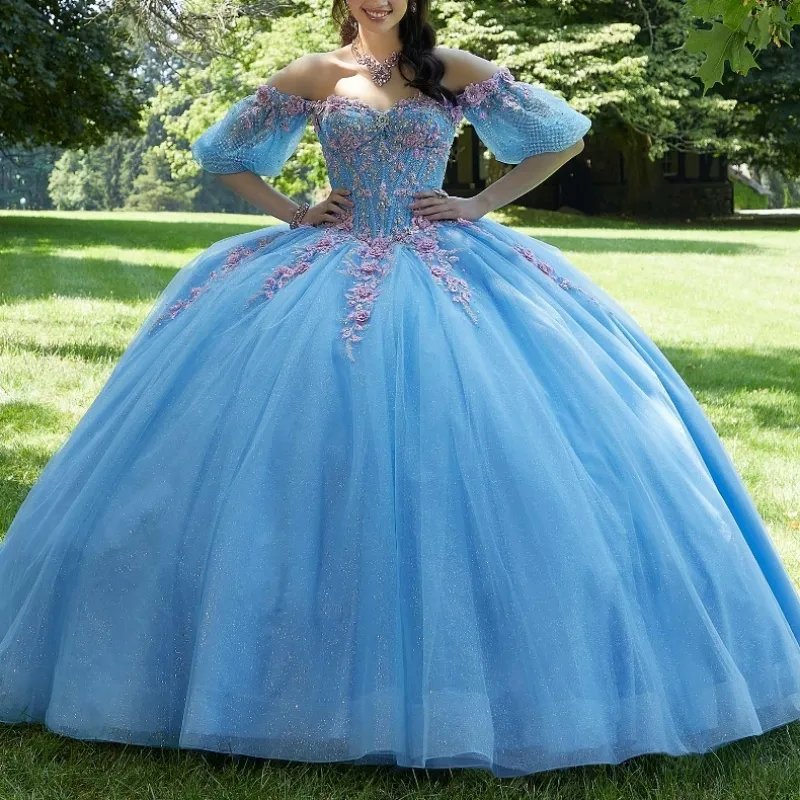 SKYLY BLUE BALL GOUNDドレスQuinceAnera Dress Sweetheart Aptique Beaded 3DFlowers TullフォーマルドレスVestidos DE 15