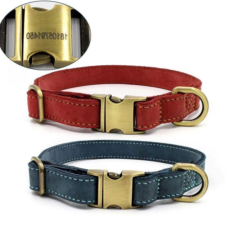 Superior Quality Leather Dog Collar Waterproof First Layer Frosted Cowhide Copper Buckle Laser-engravable Top Grade Pet Supplies Nlngx