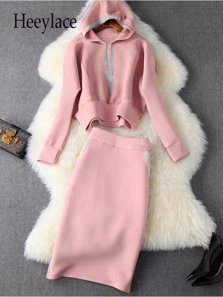 Two Piece Dress Autumn Winter Two Pieces Sets Womens Outfit Korean Casual Hooded Sweatshirts Tops And Skirts Sets Women Pink Tracksuits Clothing 230422