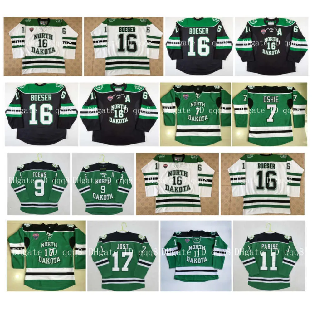 ノースダコタファイティングスージャージー11ザックパリス9ジョナサントゥー16ブロックボーザー7 T.J. Oshie 17 Tyson Jost Green White Hockey Jersey Rare