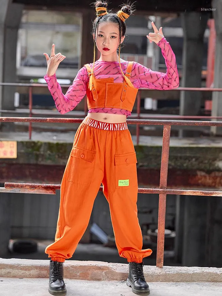 Stage Wear Orange Hip Hop Costume For Girls Vest Pants Loose Street Dance Clothing Kids Concert Group Show Outfits Clothes BL9465