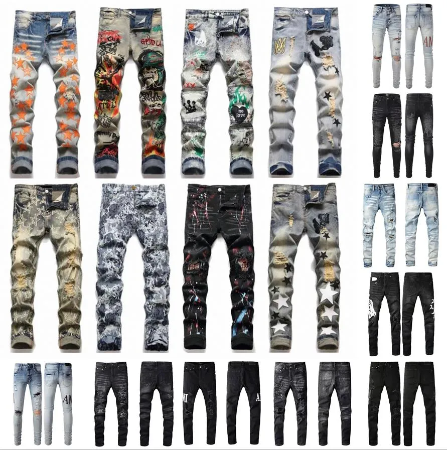 Ontwerpers Jeans Herenjeans High Street Paarse slanke jeans voor heren Borduurbroeken Dames Oversize Ripped Patch Hole Denim Rechte mode-streetwear