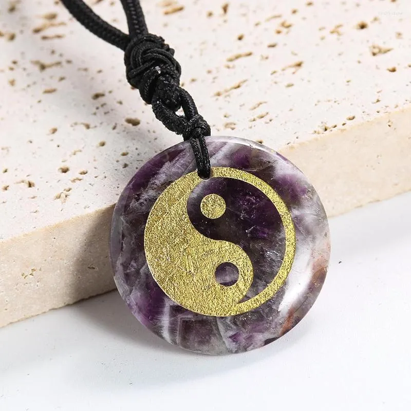 Anhänger Halsketten Amethyst Taiji Yin Yang Halskette Taoist Acht Trigramme Fisch Muster Natürlicher Kristallstein Religiöse Aura Schmuck Geschenk