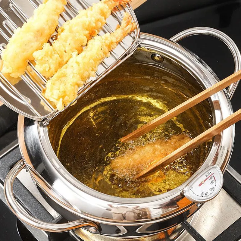 PANS JAPONESIONTE DO ESTILO DE FRYTE DE DEPRIANÇA 201 FERRAMENTAS DE CONUNTAÇÃO ANTERRO INONTES TEMPURA FRYER PAN com tampa e