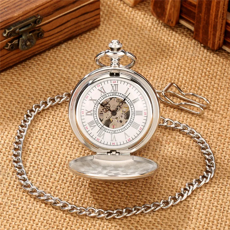 Silver Pocket Watch Full Hunter Matte Case Roman Number Display Men s Automatic Mechanical Clock with Pendant Chain Gift