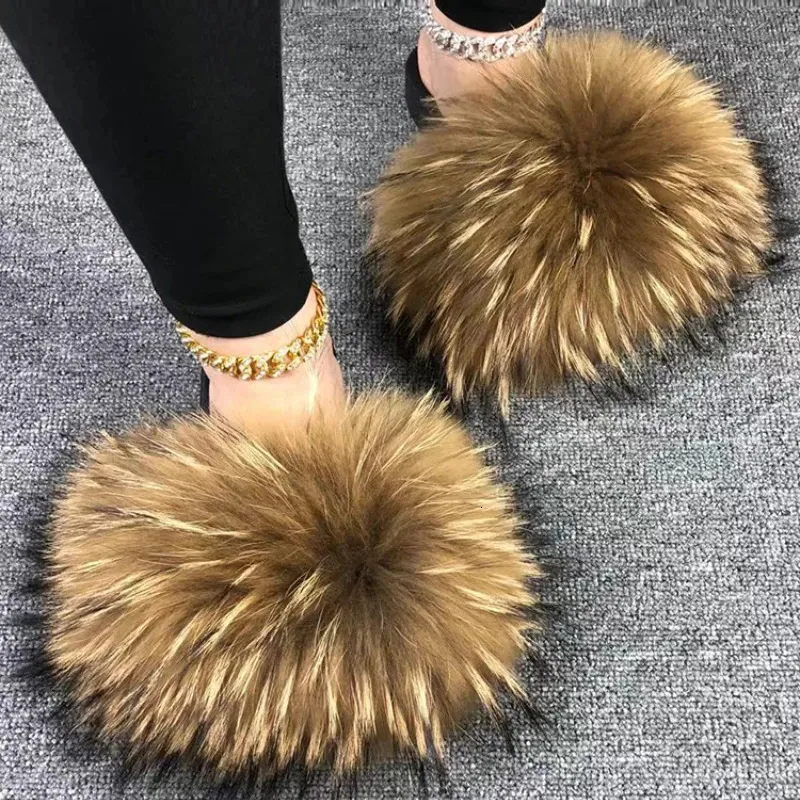 Slippers Fur Summer Women Real Slides Home Furry Flat Sandals Non Slip Fluffy Flip Flops Ladies Woman Cute Plush Shoes 231121