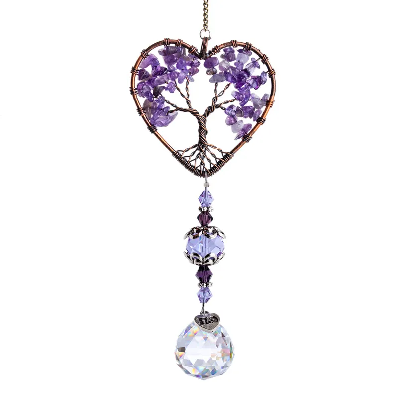 Trädgårdsdekorationer H D Handgjorda Amethyst Suncatcher Crystal Tree of Life Healling Stones Rainbow Maker Drops Hang For Window Home Decor Car Charms 230422