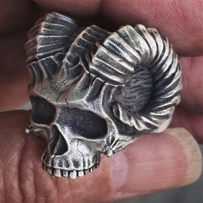 Horned Devil Skull Ring - Unique Satan Demon Stainless Steel Biker Ring ...