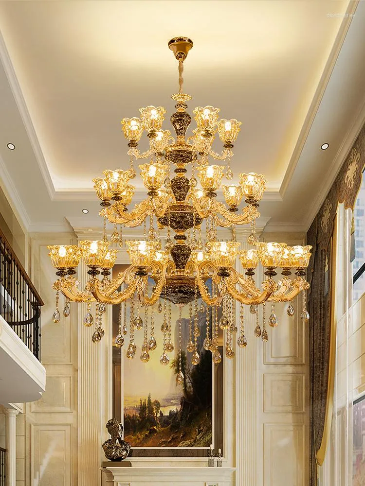 Chandeliers European Style Golden Chandelier Living Room El Black Ceramic Multi-Layer Crystal Staircase Villa Large